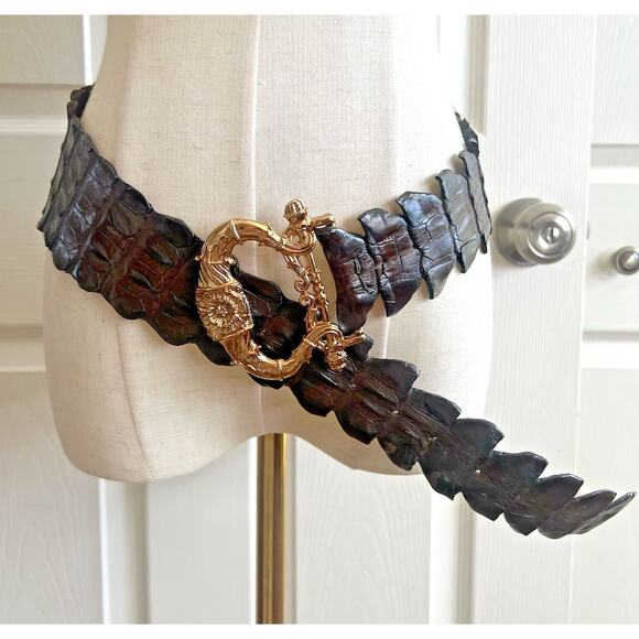 Fibel Accessories - FIBEL Women's Vintage Italy Genuine Crocodile Ornate Large Buckle Belt 36"